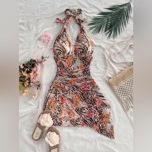 Floral and Animal Print Halter Dress